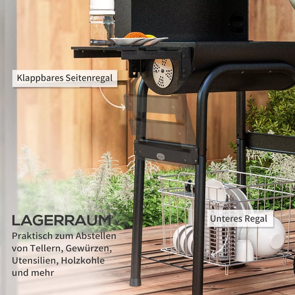 Outsunny Kulgrill i rustfrit stål med låg, hylder og hjul - Sort