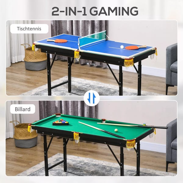 SPORTNOW 2-i-1 Multigame Bord: Pool og Bordtennis for Børn & Voksne | Stål, MDF | 140x63x60-80cm | Grøn/Blå