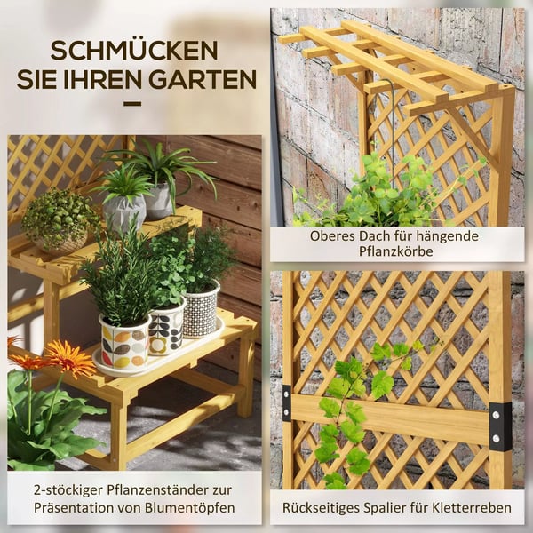 Outsunny Plantetrappe i grantræ, med espalier, 2 niveauer & tag, Gul, 60 x 50 x 166 cm