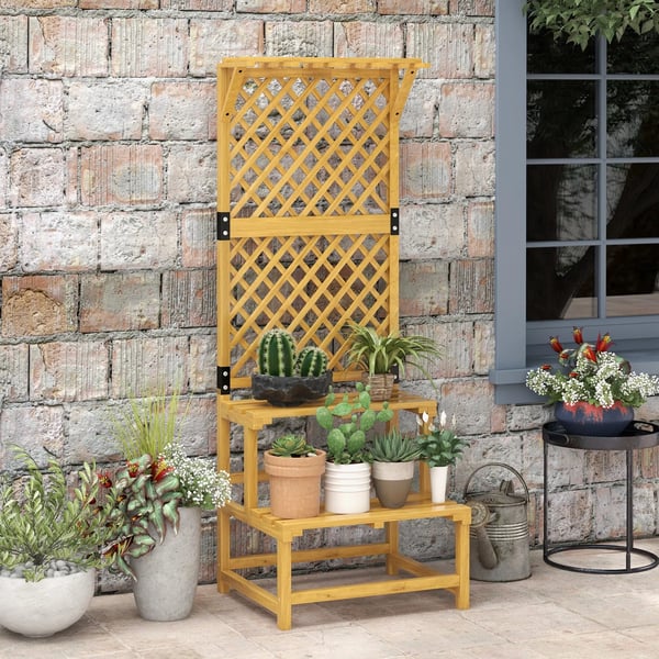 Outsunny Plantetrappe i grantræ, med espalier, 2 niveauer & tag, Gul, 60 x 50 x 166 cm