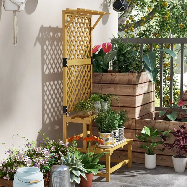 Outsunny Plantetrappe i grantræ, med espalier, 2 niveauer & tag, Gul, 60 x 50 x 166 cm