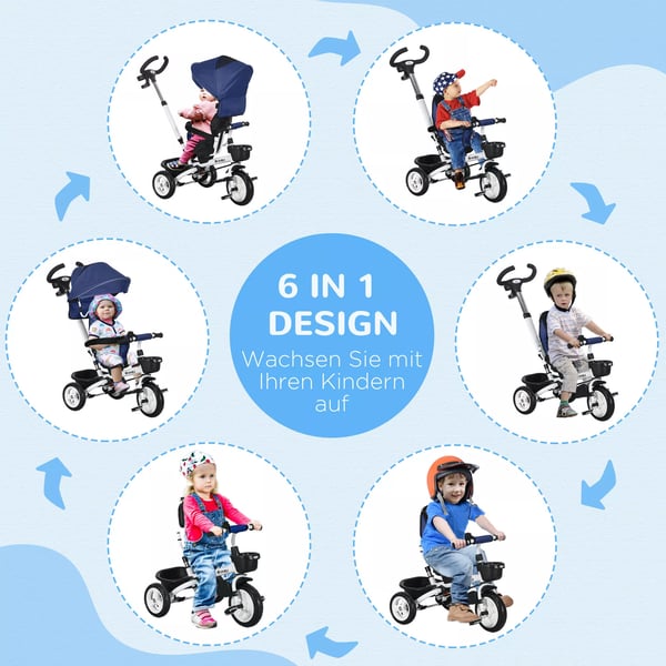 HOMCOM 2-i-1 Trehjulet Cykel med Skubbestang - Børnecykel med Sikkerhedssele, Foldbar, Solskærm, Kopholder & Kurv - 1-5 År, Mørkeblå