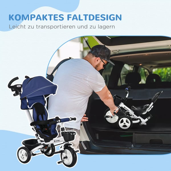 HOMCOM 2-i-1 Trehjulet Cykel med Skubbestang - Børnecykel med Sikkerhedssele, Foldbar, Solskærm, Kopholder & Kurv - 1-5 År, Mørkeblå