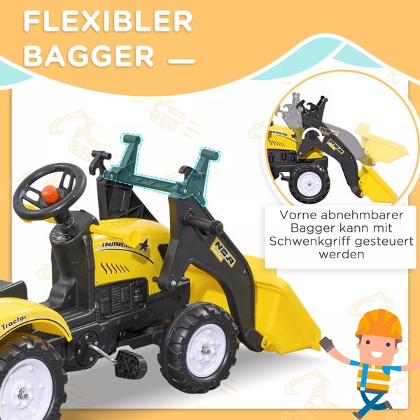 HOMCOM pedaltraktor med anhænger, pedalkøretøj med skovl, børnetraktor til børn fra 3 år, gul