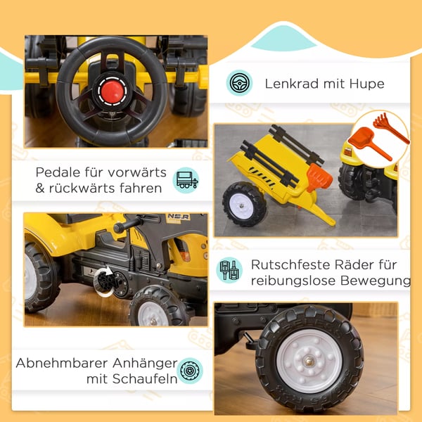 HOMCOM pedaltraktor med anhænger, pedalkøretøj med skovl, børnetraktor til børn fra 3 år, gul