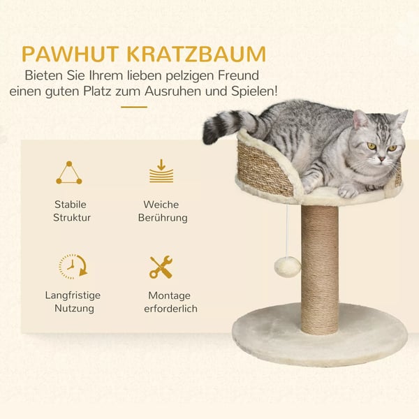 PawHut kradsetræ til katte, 49 cm, med legbold og hvileplads, beige