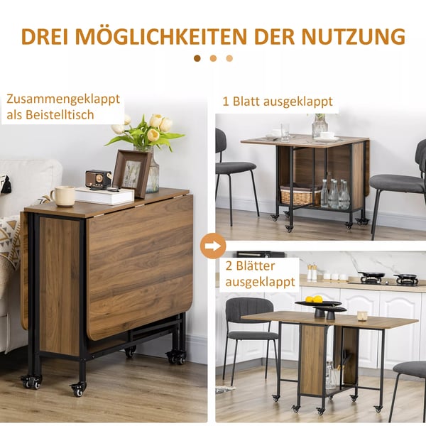 HOMCOM Klapbart Spisebord - Lysbrun, 6 Personer, M. Opbevaring & Hjul, 130x80x74 cm
