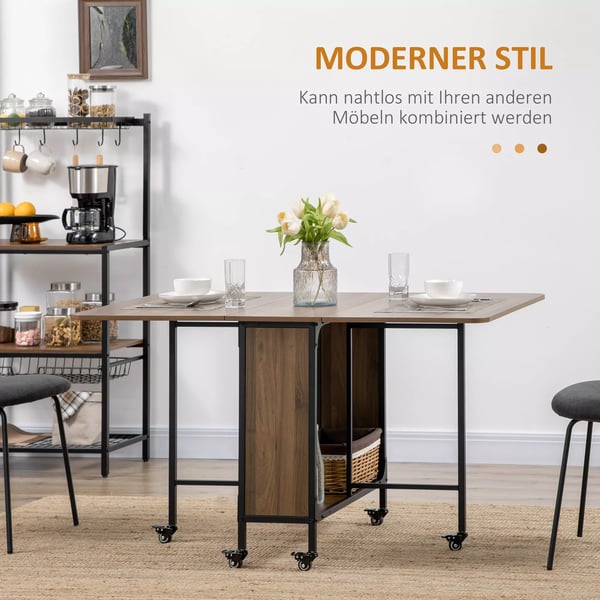 HOMCOM Klapbart Spisebord - Lysbrun, 6 Personer, M. Opbevaring & Hjul, 130x80x74 cm