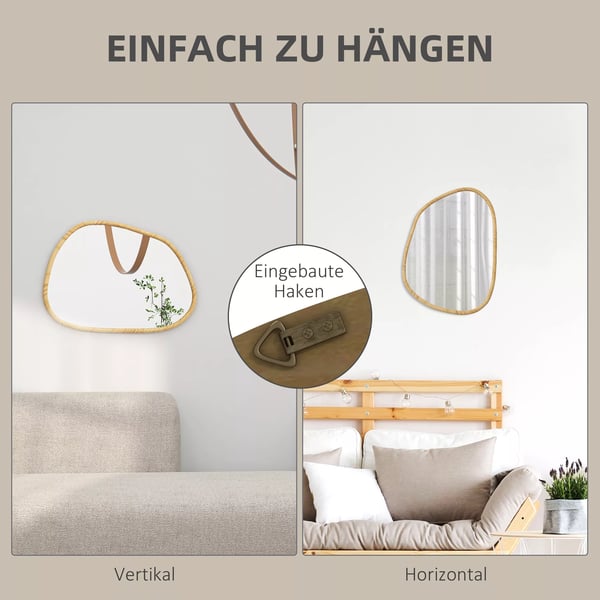 HOMCOM Vfgsspejl Asymmetrisk 80x60cm - Naturtrf med Trframme, Glas - Dekorativt Badevfrelsesspejl