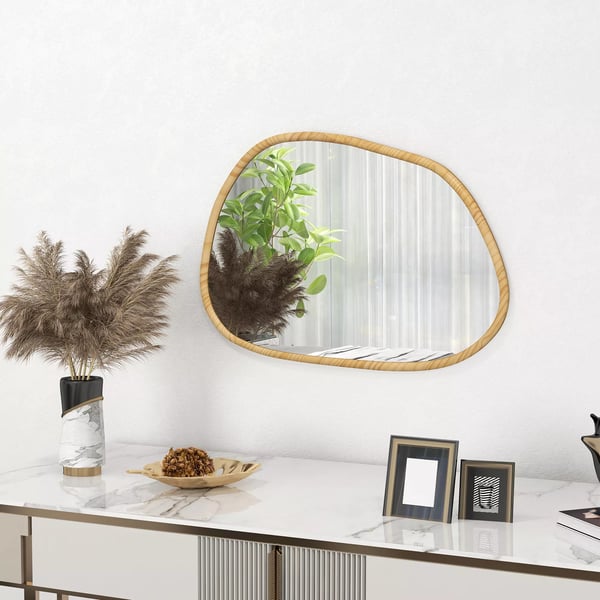 HOMCOM Vfgsspejl Asymmetrisk 80x60cm - Naturtrf med Trframme, Glas - Dekorativt Badevfrelsesspejl
