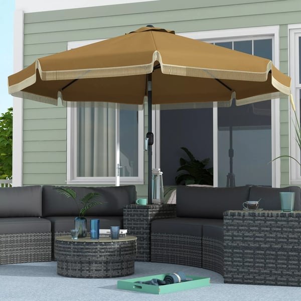 Outsunny parasol, Ø265 cm terrasseparasol med frynser, vippelig strandparasol med 8 ribber, til have, altan, khaki