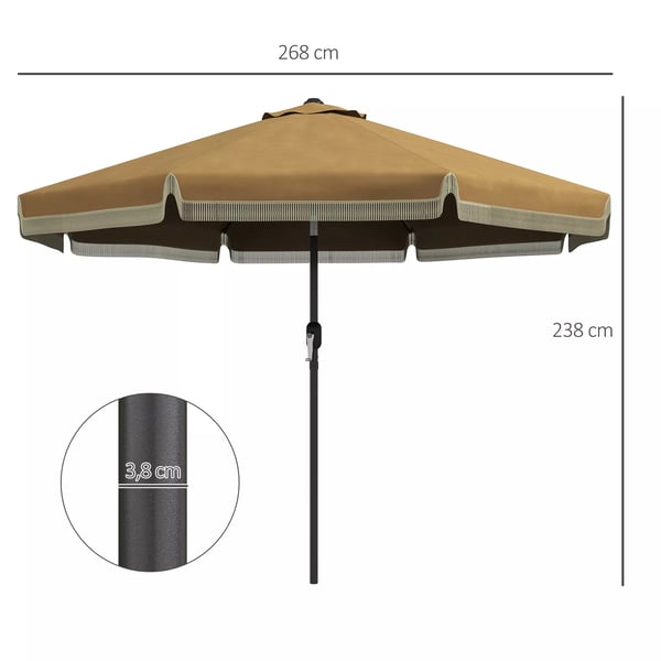 Outsunny parasol, Ø265 cm terrasseparasol med frynser, vippelig strandparasol med 8 ribber, til have, altan, khaki