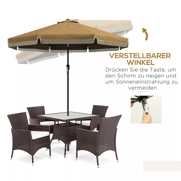 Outsunny parasol, Ø265 cm terrasseparasol med frynser, vippelig strandparasol med 8 ribber, til have, altan, khaki