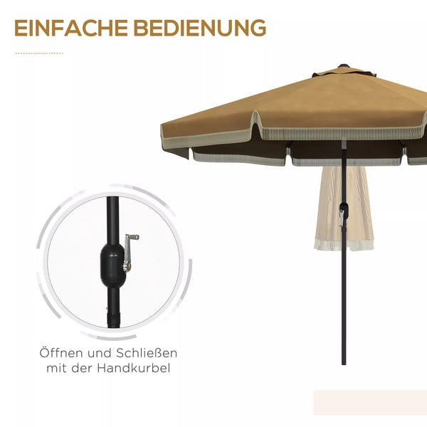 Outsunny parasol, Ø265 cm terrasseparasol med frynser, vippelig strandparasol med 8 ribber, til have, altan, khaki