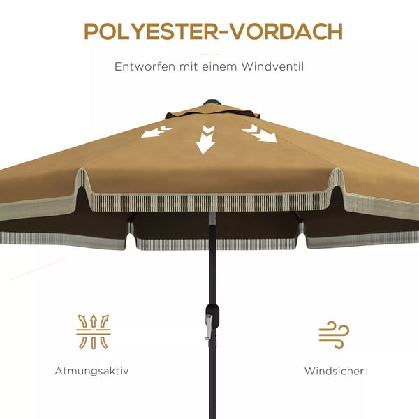 Outsunny parasol, Ø265 cm terrasseparasol med frynser, vippelig strandparasol med 8 ribber, til have, altan, khaki
