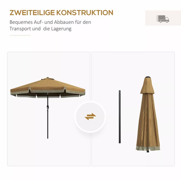 Outsunny parasol, Ø265 cm terrasseparasol med frynser, vippelig strandparasol med 8 ribber, til have, altan, khaki
