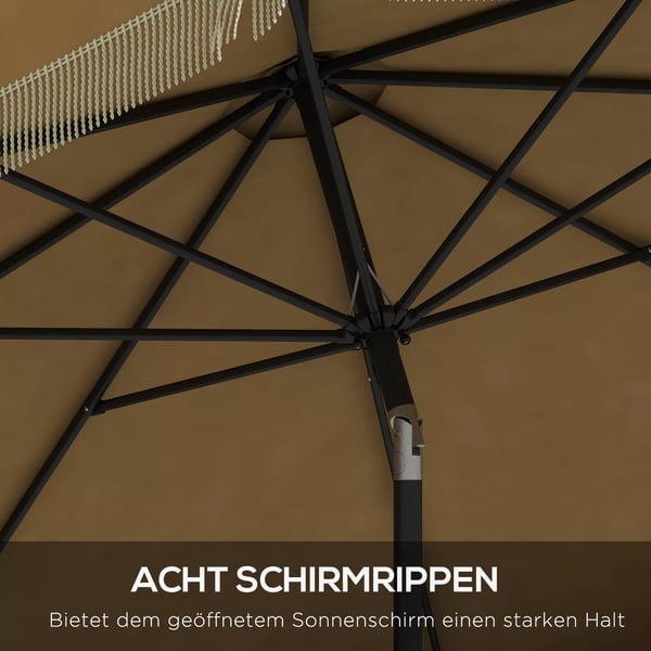 Outsunny parasol, Ø265 cm terrasseparasol med frynser, vippelig strandparasol med 8 ribber, til have, altan, khaki