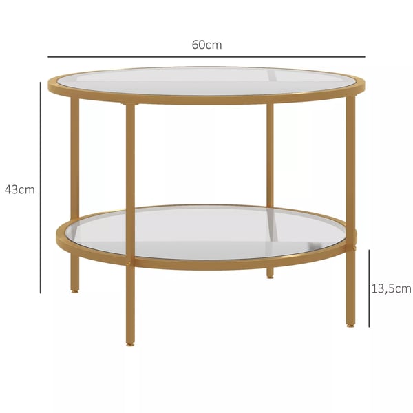 HOMCOM rundt sidebord, sofabord med hylde, stålramme, kaffebord, natbord til stue, soveværelse, guld, Ø60 x 43 cm