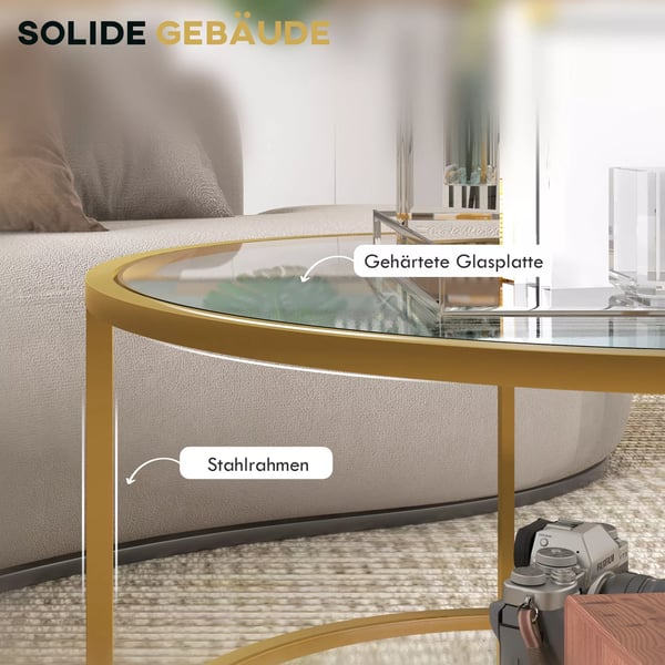 HOMCOM rundt sidebord, sofabord med hylde, stålramme, kaffebord, natbord til stue, soveværelse, guld, Ø60 x 43 cm