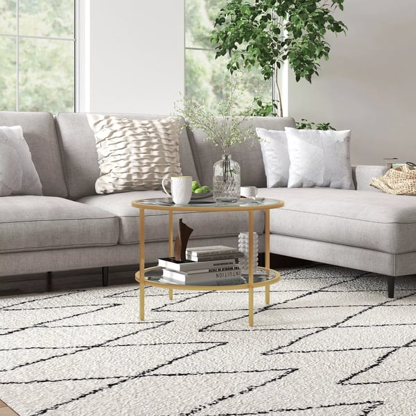 HOMCOM rundt sidebord, sofabord med hylde, stålramme, kaffebord, natbord til stue, soveværelse, guld, Ø60 x 43 cm