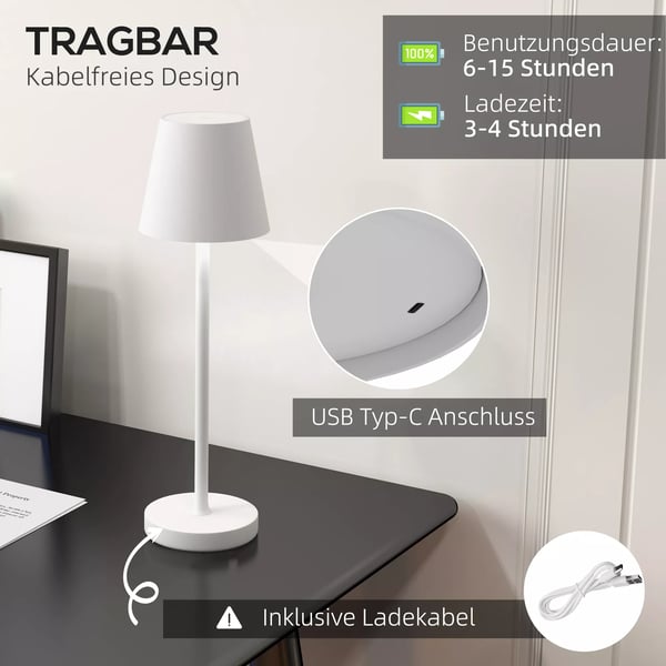 HOMCOM bordlampe genopladelig USB-bordlampe med 3 lysfarver, bærbar USB-natlampe med touch-kontakt til stuen, metal, hvid