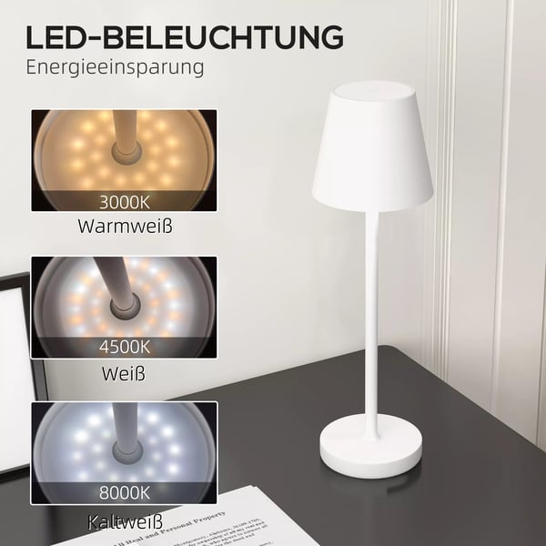 HOMCOM bordlampe genopladelig USB-bordlampe med 3 lysfarver, bærbar USB-natlampe med touch-kontakt til stuen, metal, hvid