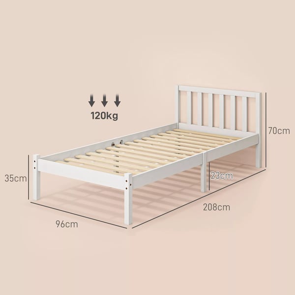 HOMCOM sengeramme træseng med lamelbund, 208 x 96 cm sengeramme med hovedgærde, enkeltsengeramme til soveværelse, hvid