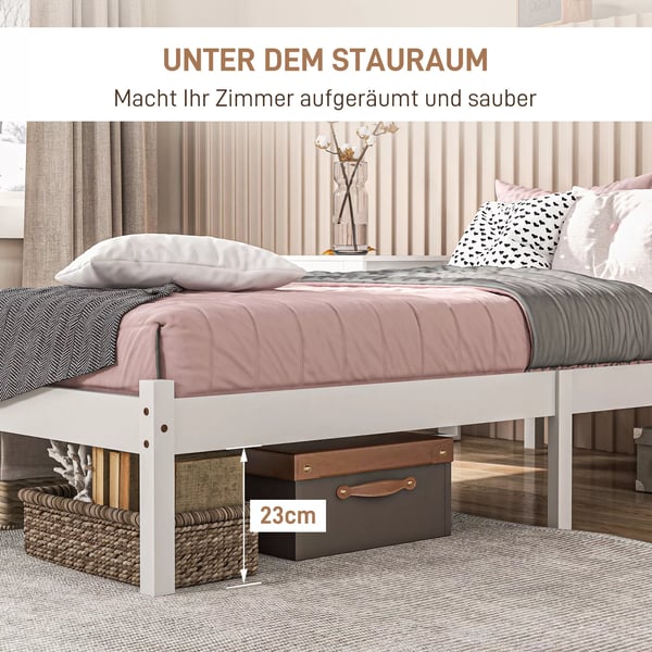 HOMCOM sengeramme træseng med lamelbund, 208 x 96 cm sengeramme med hovedgærde, enkeltsengeramme til soveværelse, hvid
