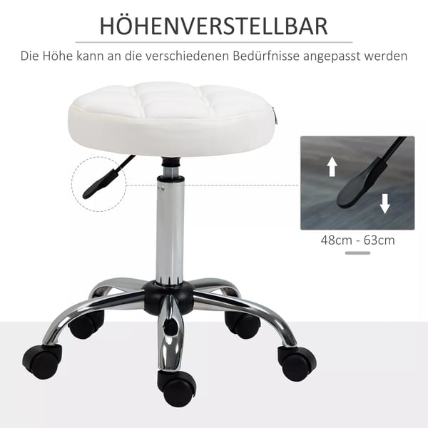 Vinsetto Rullepind Justerbar Arbejdsstol, Drejelig Salonstol, Kunstlæder, Hvid, Stål, Ø35.5 x 51-67 cm
