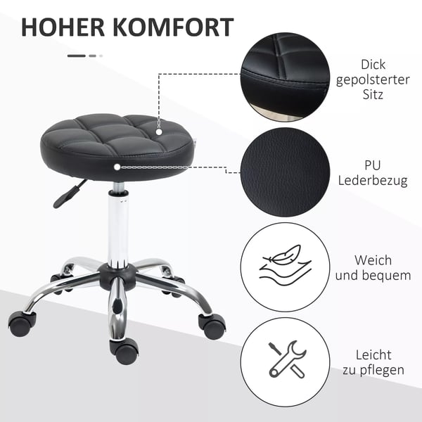 Vinsetto Justerbar Rullepind Stol, Drejelig Salonstol til Kontor med Kunstlder, Sort, 35,5 x 51-67 cm