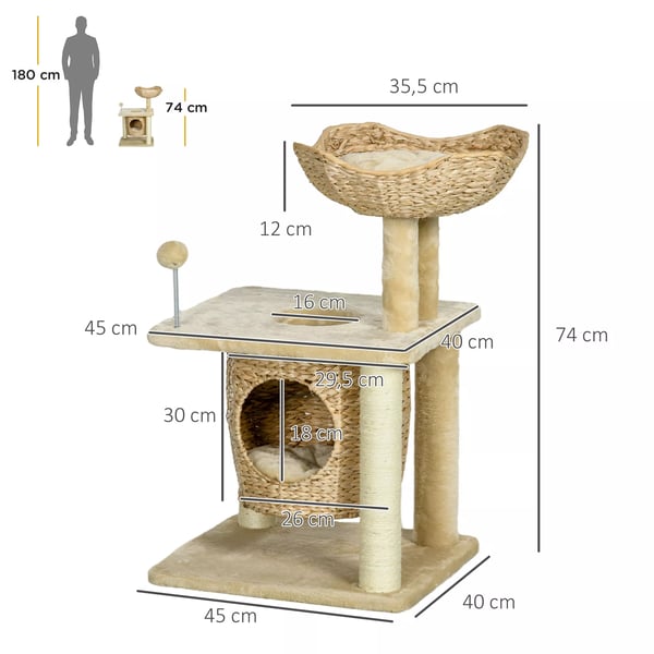 Katte Træ med Hule og Legebold, Beige Sisal Kradsemøbel Indendørs Klatretræ 74 cm