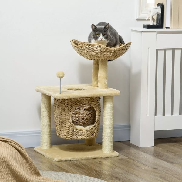 Katte Træ med Hule og Legebold, Beige Sisal Kradsemøbel Indendørs Klatretræ 74 cm