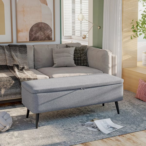 HOMCOM Siddepind, Polstret Opbevaringsbænk med Linnedlook i Grå, Stålben, 101x38,5x44,5 cm