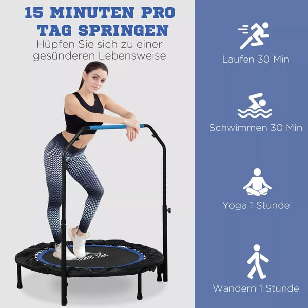 SPORTNOW kuntotrampoliini 102 cm, kokoontaitettava, säädettävä kahva, LCD-näyttö, musta/sininen