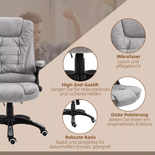 Vinsetto Ergonomisk Kontorstol med Massage og Varme, Grå Mikrofiber - Justerbar, 120kg