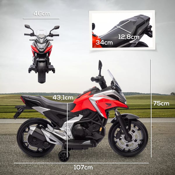 AIYAPLAY 12V Børne Elmotorcykel, Rød - Honda-licens, MP3, USB, LED, Støttehjul, 3 km/t, 3-6 År