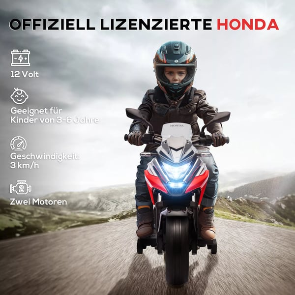 AIYAPLAY 12V Børne Elmotorcykel, Rød - Honda-licens, MP3, USB, LED, Støttehjul, 3 km/t, 3-6 År