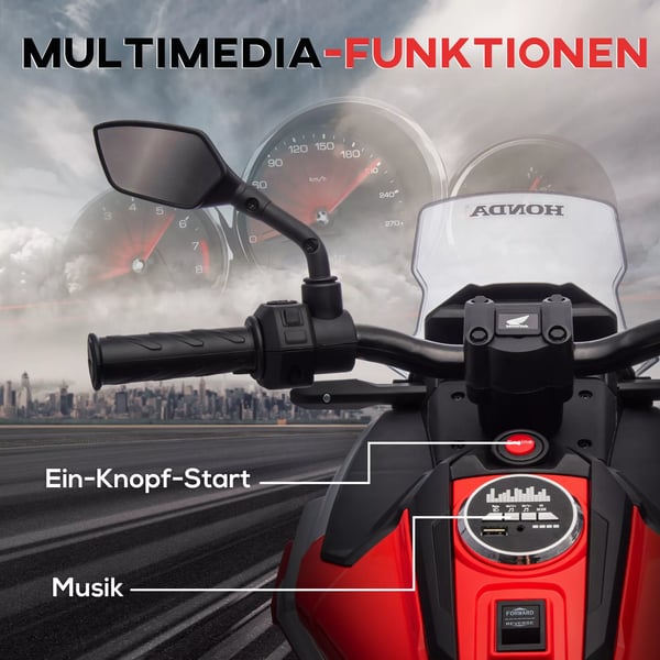 AIYAPLAY 12V Børne Elmotorcykel, Rød - Honda-licens, MP3, USB, LED, Støttehjul, 3 km/t, 3-6 År