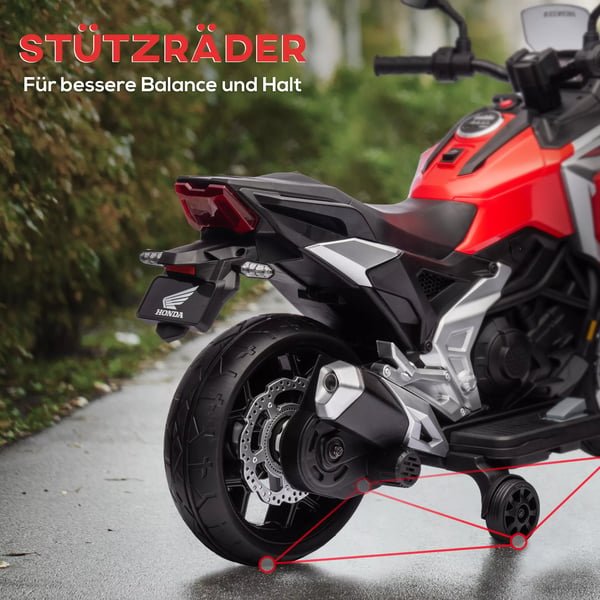 AIYAPLAY 12V Børne Elmotorcykel, Rød - Honda-licens, MP3, USB, LED, Støttehjul, 3 km/t, 3-6 År