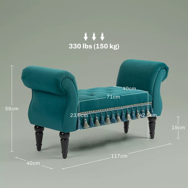 HOMCOM Ylellinen penkki, sametti-look, pehmustettu #117x40x58cm, vihreä