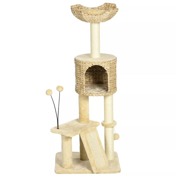 PawHut Klösträd 116 cm i Beige Sisal, Lyxig Klätterställning för Katter med Hängmatta och Leksaker