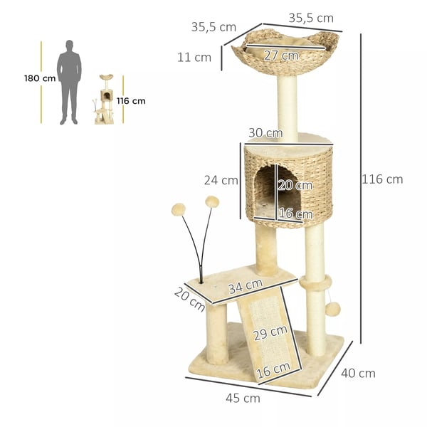 PawHut Katte kradsetræ 116cm - Sisal, med hule og seng - Beige