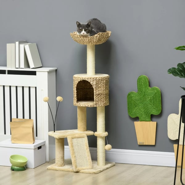 PawHut Katte kradsetræ 116cm - Sisal, med hule og seng - Beige