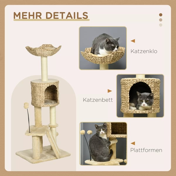 PawHut Katte kradsetræ 116cm - Sisal, med hule og seng - Beige