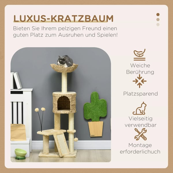 PawHut Katte kradsetræ 116cm - Sisal, med hule og seng - Beige