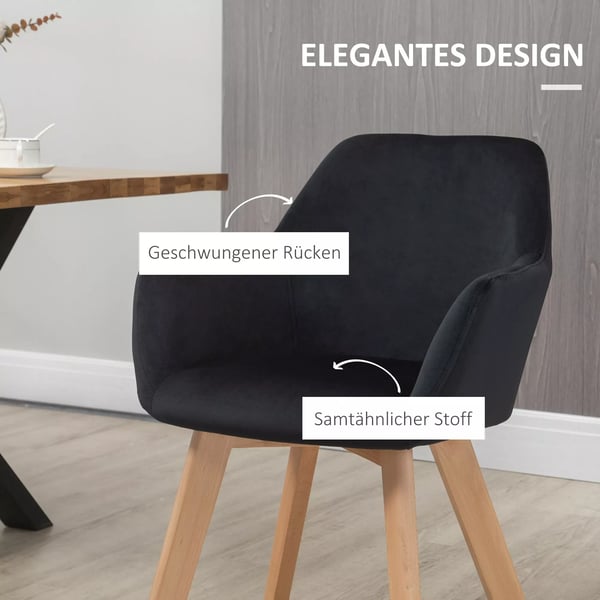 HOMCOM Spisestuestole 2 stk. Sorte polyester stole med armlæn og ryglæn, elegant fløjlslook, til køkken og spisestue.