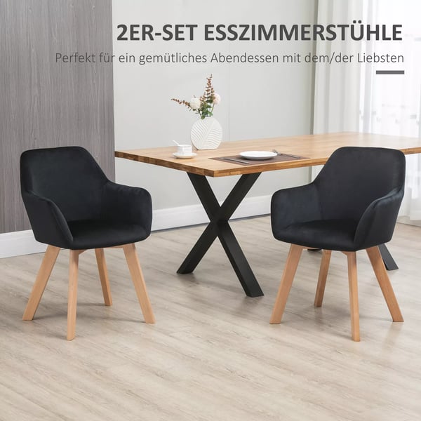 HOMCOM Spisestuestole 2 stk. Sorte polyester stole med armlæn og ryglæn, elegant fløjlslook, til køkken og spisestue.
