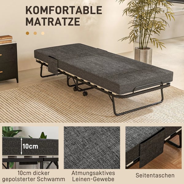 HOMCOM Foldeseng med Madras og Hjul, Mørkegrå, 190x80x42 cm, Polyester & Stål