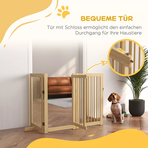 PawHut Foldbart 4-delt Hundegitter af Fyrretræ, Natur, 220x91 cm m. Dør