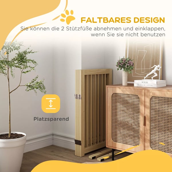 PawHut Foldbart 4-delt Hundegitter af Fyrretræ, Natur, 220x91 cm m. Dør